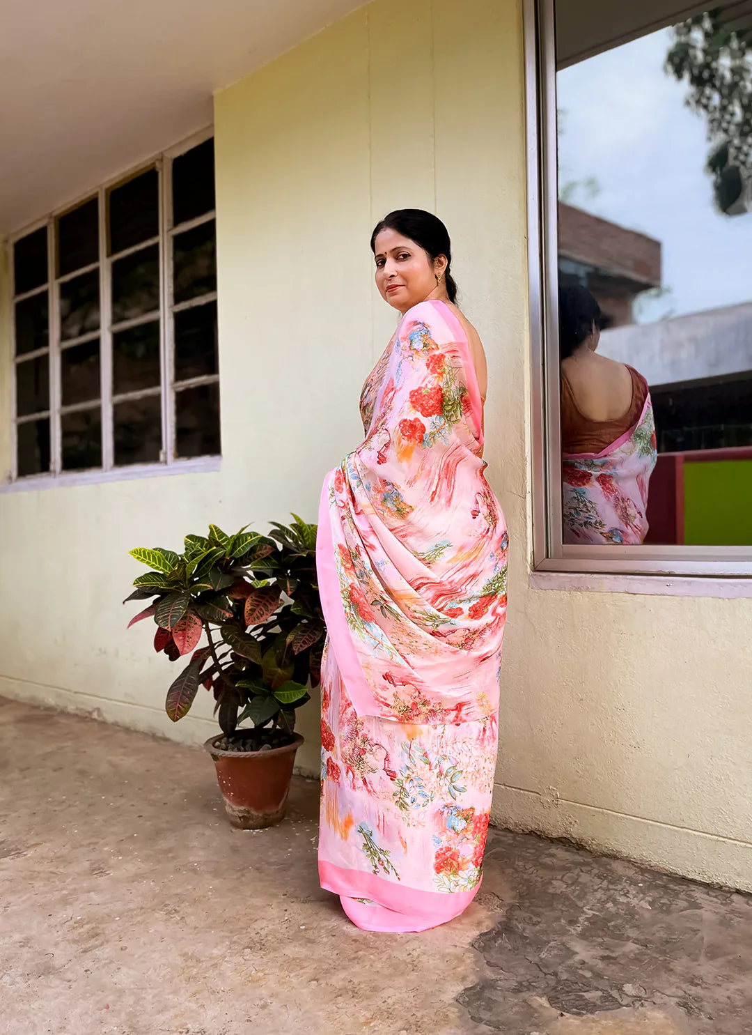 Abstract Print Pink Soft Satin Silk Saree - TREEVESTO