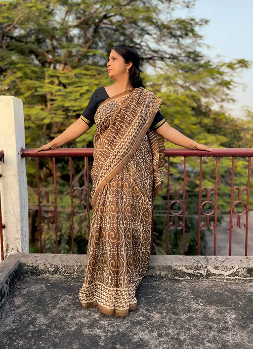 Ajrakh Print Mehndi Colored Chanderi Cotton Saree - TREEVESTO