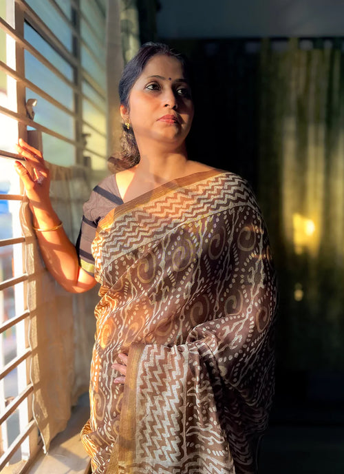 Ajrakh Print Mehndi Colored Chanderi Cotton Saree - TREEVESTO