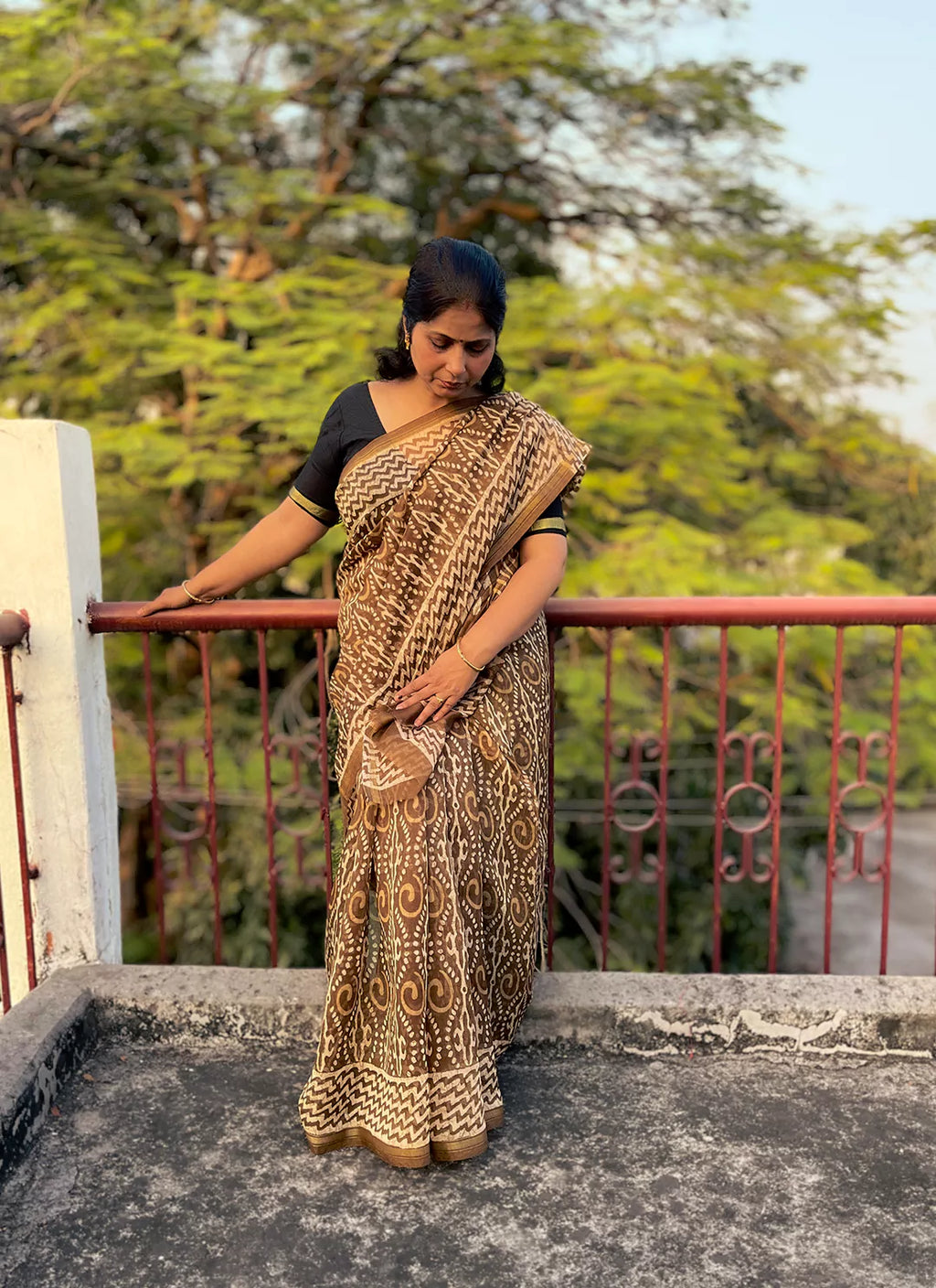 Ajrakh Print Mehndi Colored Chanderi Cotton Saree - TREEVESTO