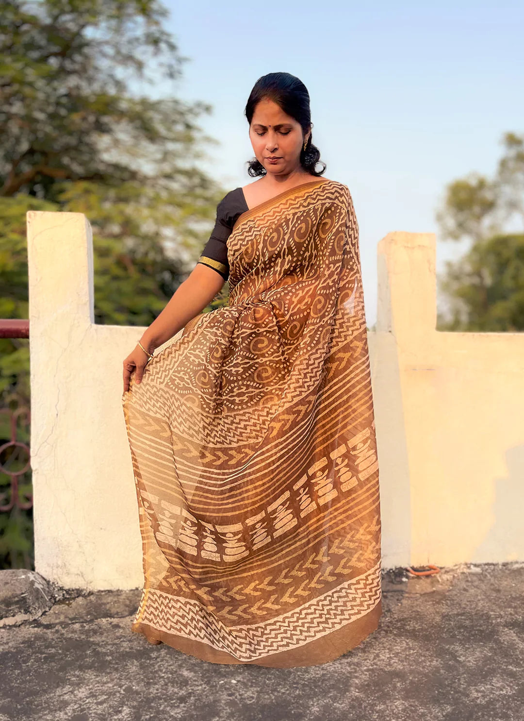 Ajrakh Print Mehndi Colored Chanderi Cotton Saree - TREEVESTO