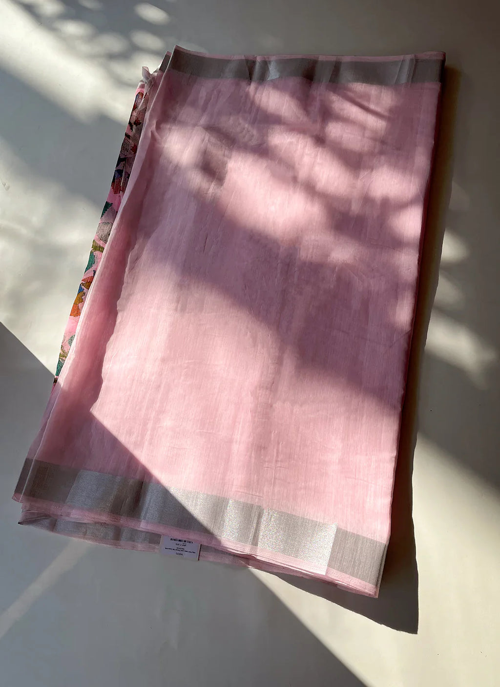 Baby Pink Linen Cotton Printed Pallu Saree With Silver Border - TREEVESTO