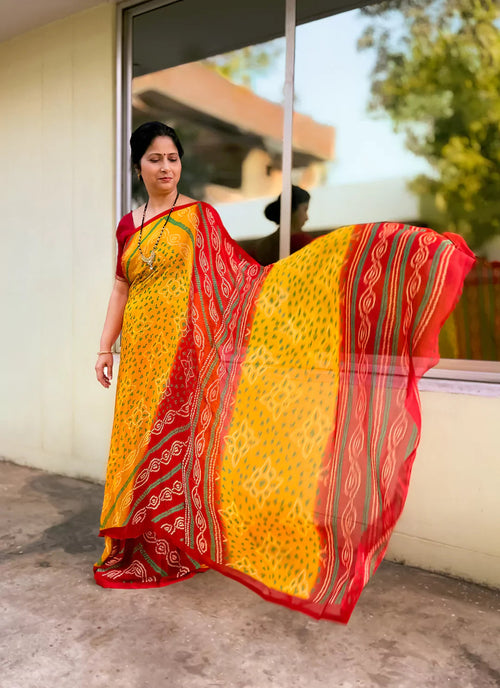 Bandhej Print Yellow & Red Pure Chiffon Saree treevesto