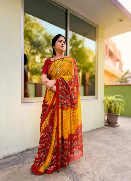 Bandhej Print Yellow & Red Pure Chiffon Saree treevesto