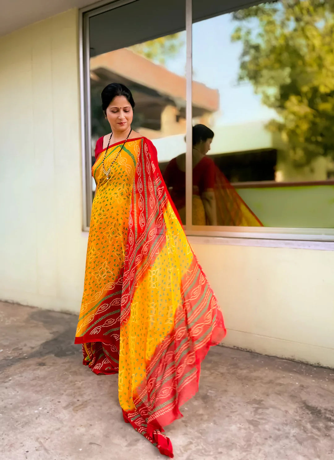 Bandhej Print Yellow & Red Pure Chiffon Saree treevesto