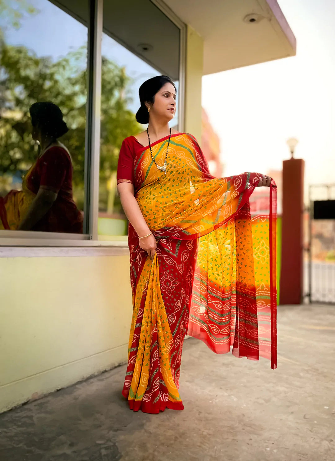 Bandhej Print Yellow & Red Pure Chiffon Saree treevesto