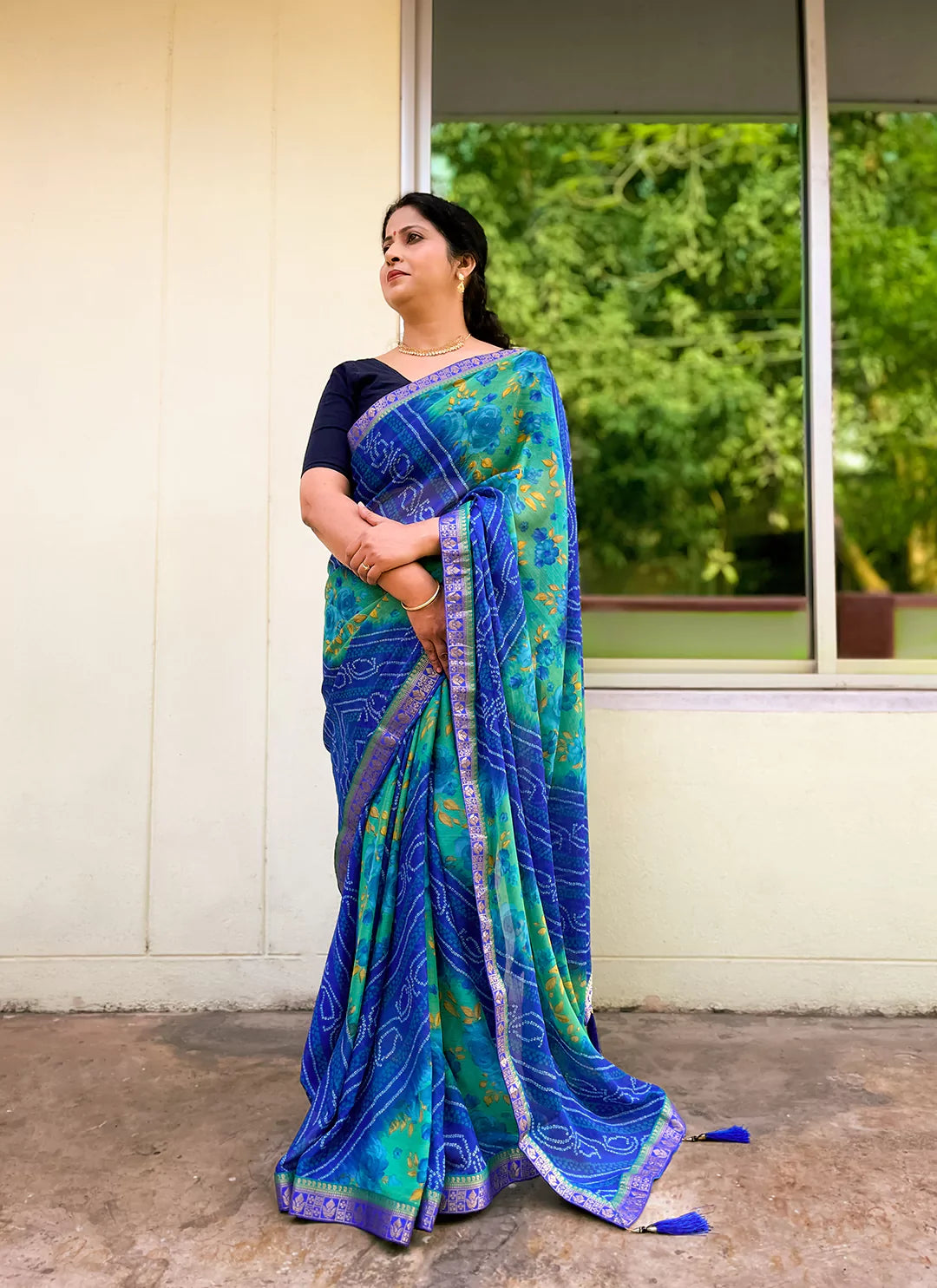 Bandhej With Floral Print Blue & Green Pure Georgette Saree - TREEVESTO