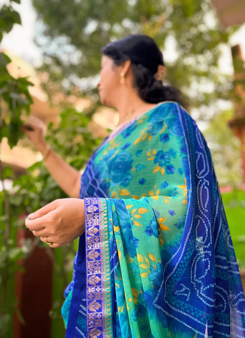 Bandhej With Floral Print Blue & Green Pure Georgette Saree - TREEVESTO