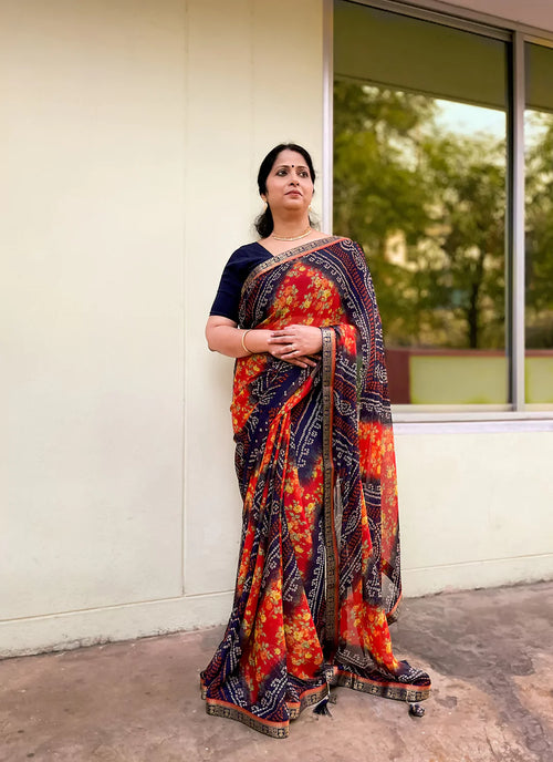Bandhej With Floral Print Blue & Red Pure Georgette Saree - TREEVESTO