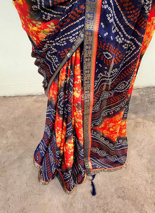 Bandhej With Floral Print Blue & Red Pure Georgette Saree - TREEVESTO