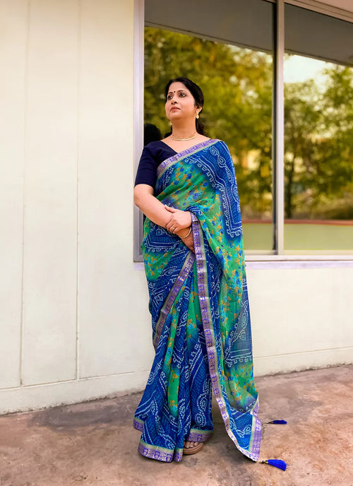 Bandhej With Floral Print Blue & Sea Green Pure Georgette Saree - TREEVESTO