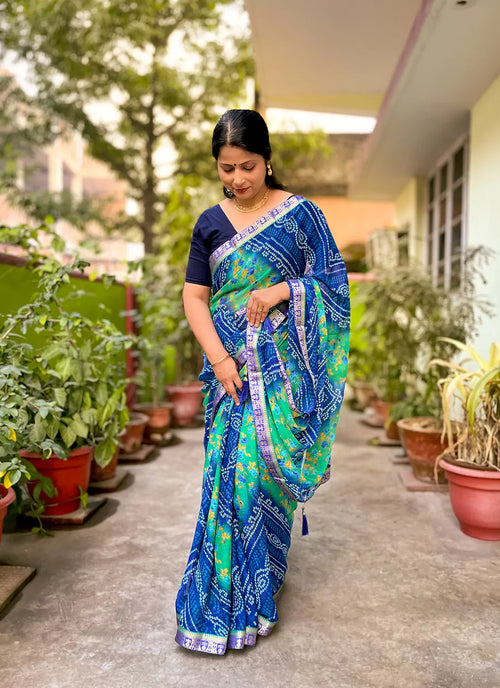 Bandhej With Floral Print Blue & Sea Green Pure Georgette Saree - TREEVESTO