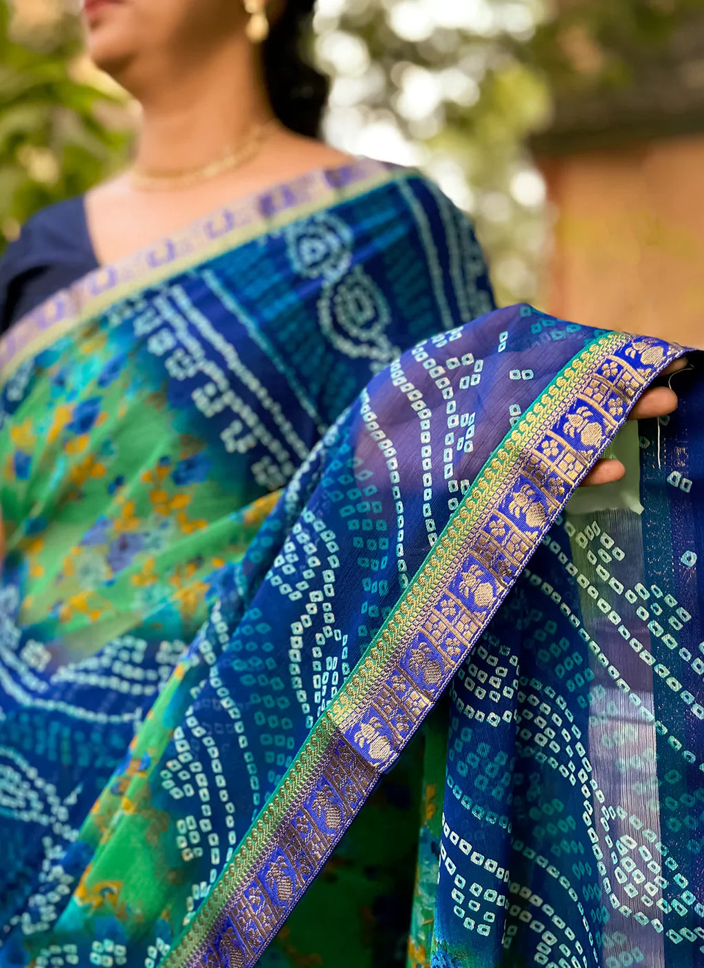 Bandhej With Floral Print Blue & Sea Green Pure Georgette Saree - TREEVESTO