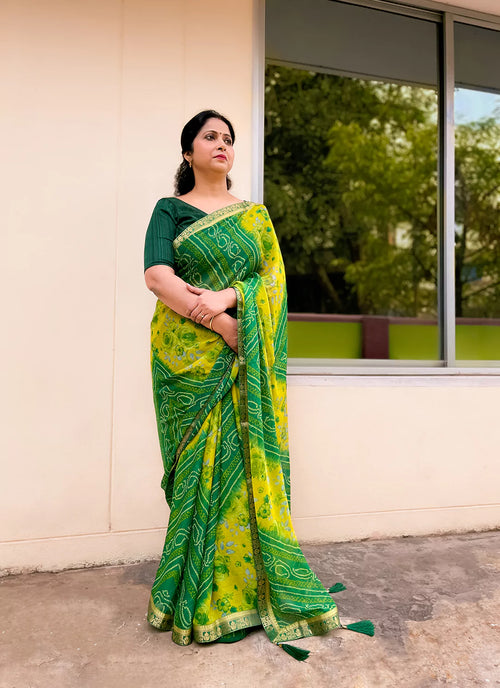 Bandhej With Floral Print Green & Yellow Pure Georgette Saree - TREEVESTO