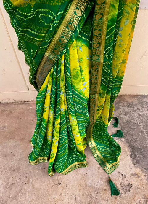 Bandhej With Floral Print Green & Yellow Pure Georgette Saree - TREEVESTO