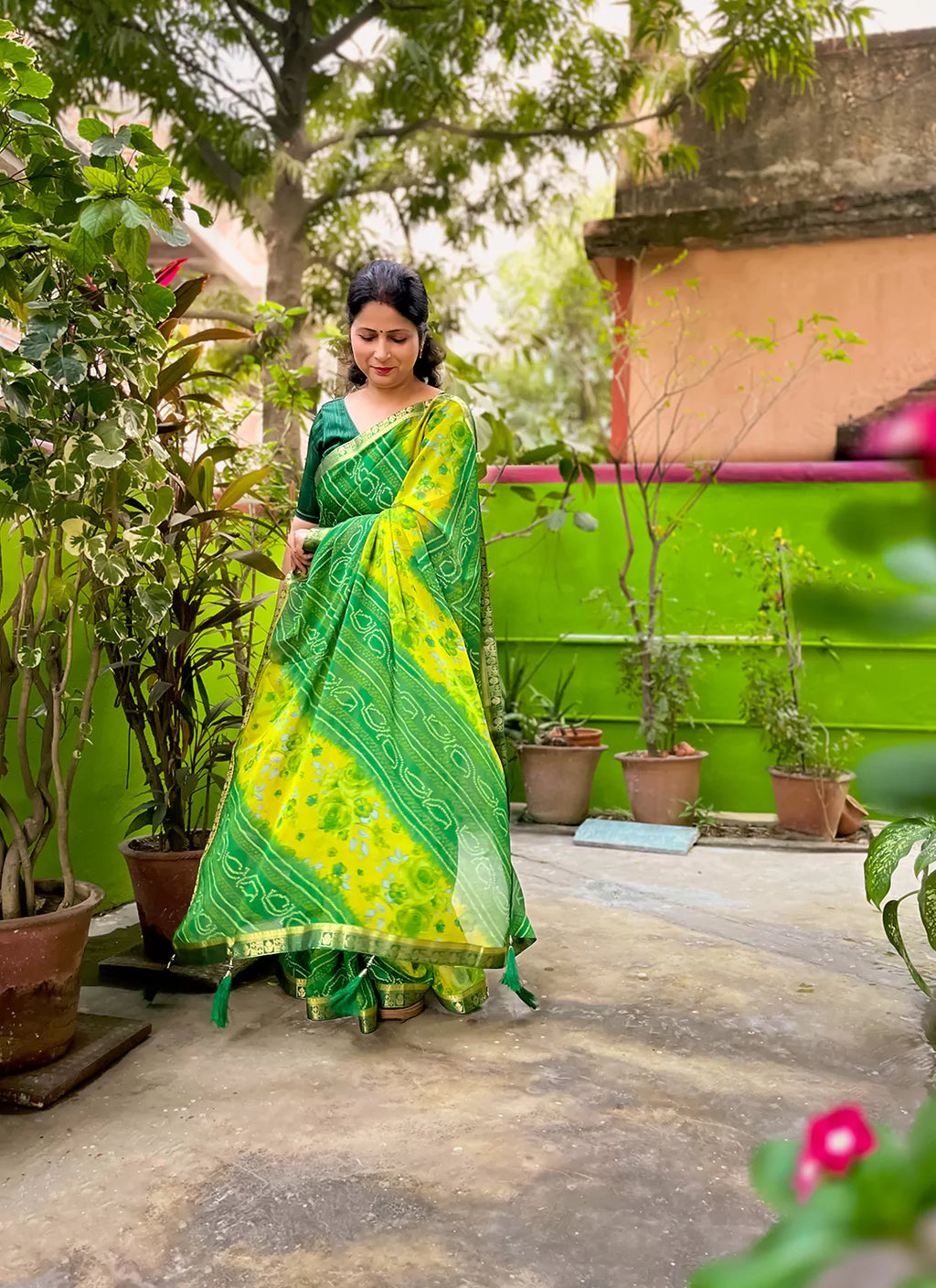 Bandhej With Floral Print Green & Yellow Pure Georgette Saree - TREEVESTO
