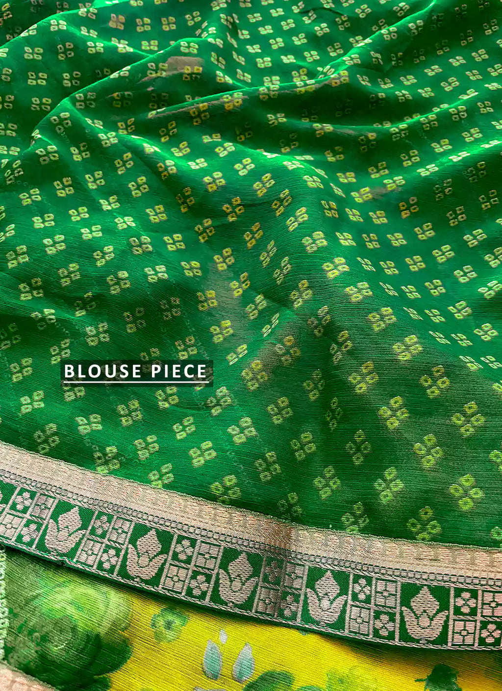 Bandhej With Floral Print Green & Yellow Pure Georgette Saree - TREEVESTO