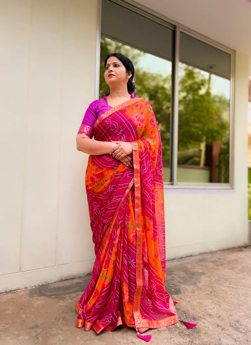 Bandhej With Floral Print Magenta & Orange Pure Georgette Saree - TREEVESTO