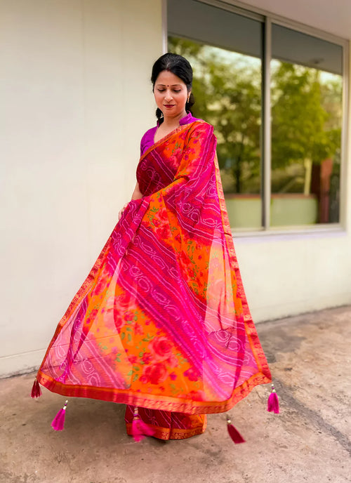 Bandhej With Floral Print Magenta & Orange Pure Georgette Saree - TREEVESTO