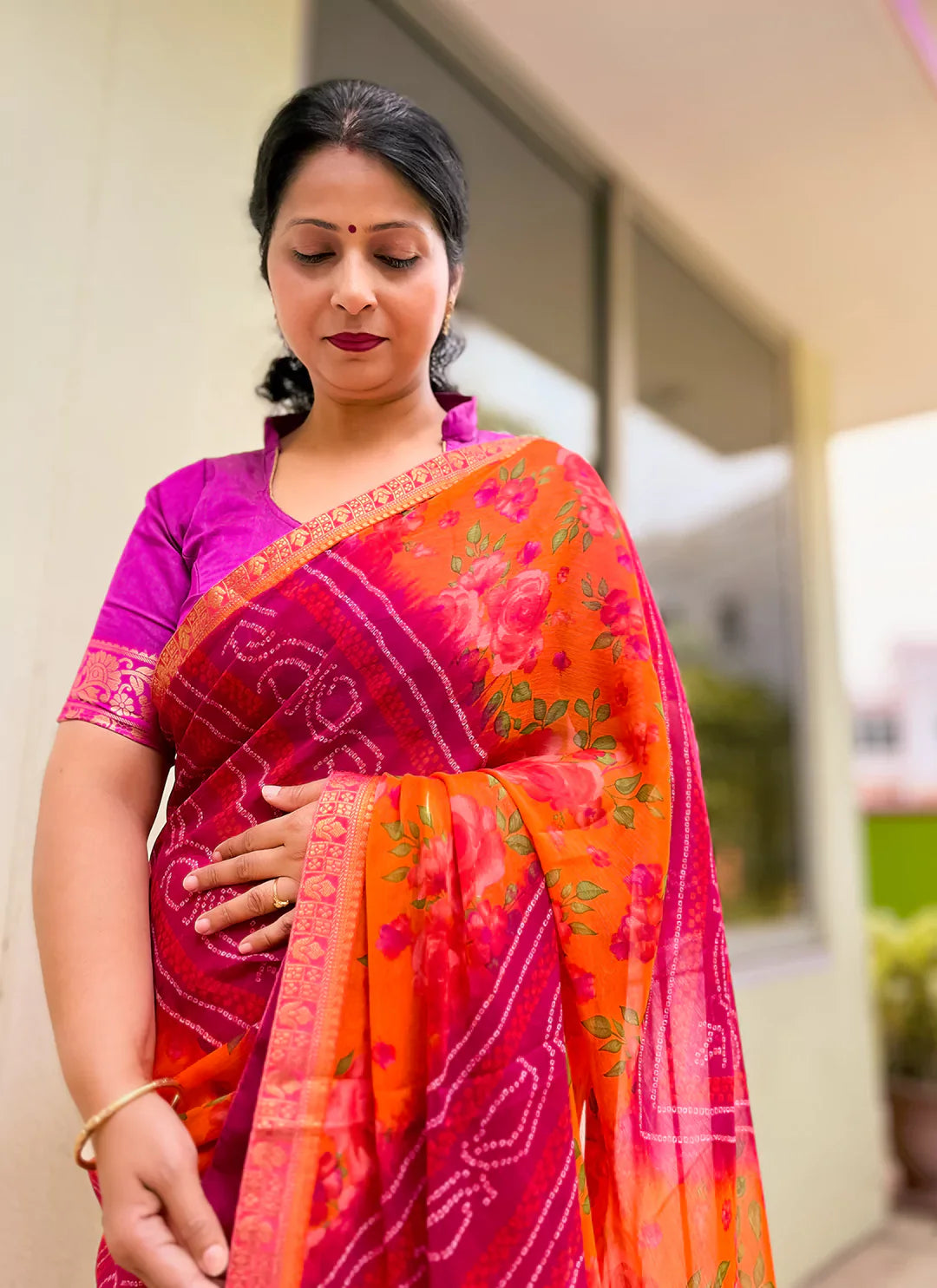Bandhej With Floral Print Magenta & Orange Pure Georgette Saree - TREEVESTO