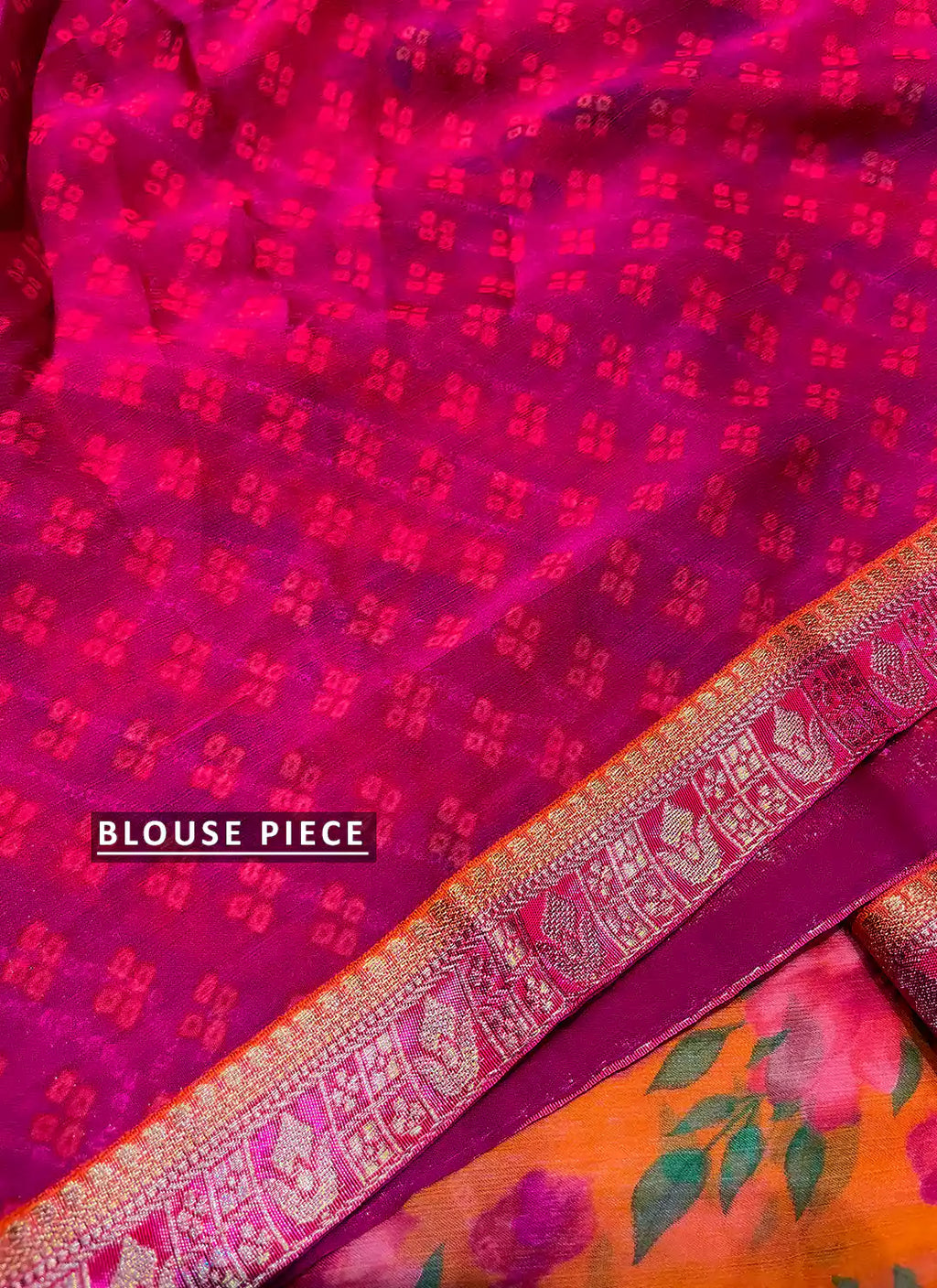 Bandhej With Floral Print Magenta & Orange Pure Georgette Saree - TREEVESTO