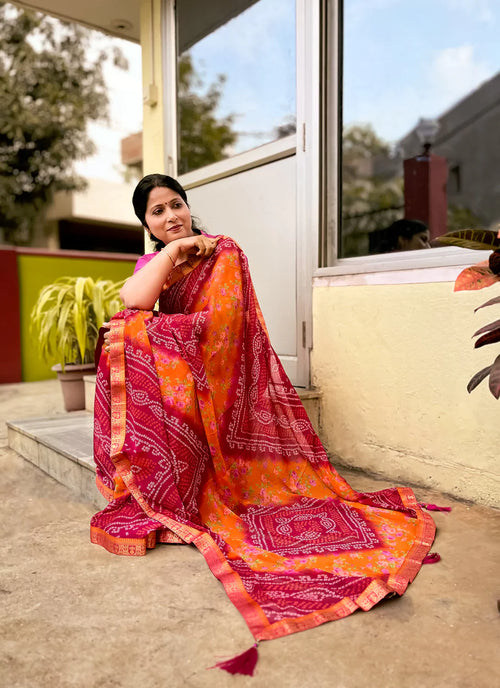 Bandhej With Floral Print Magenta & Orange Pure Georgette Saree - TREEVESTO