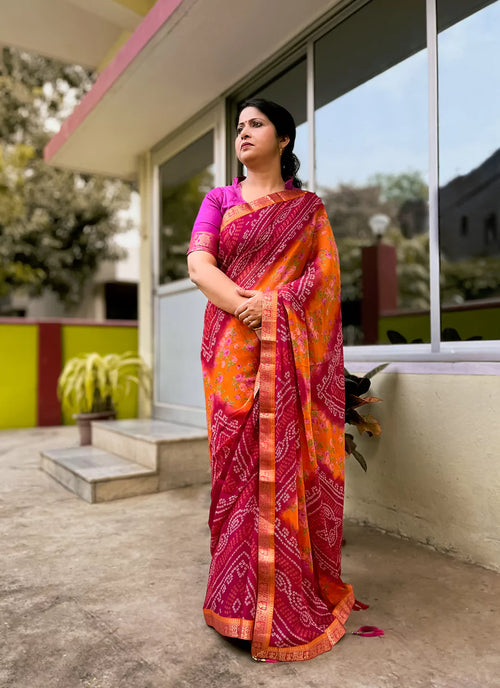 Bandhej With Floral Print Magenta & Orange Pure Georgette Saree - TREEVESTO