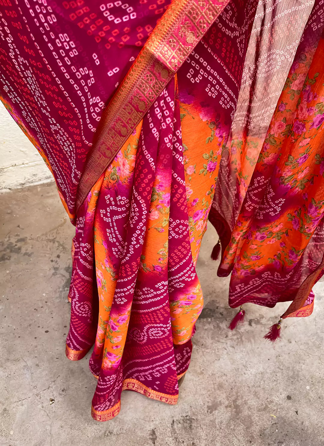 Bandhej With Floral Print Magenta & Orange Pure Georgette Saree - TREEVESTO