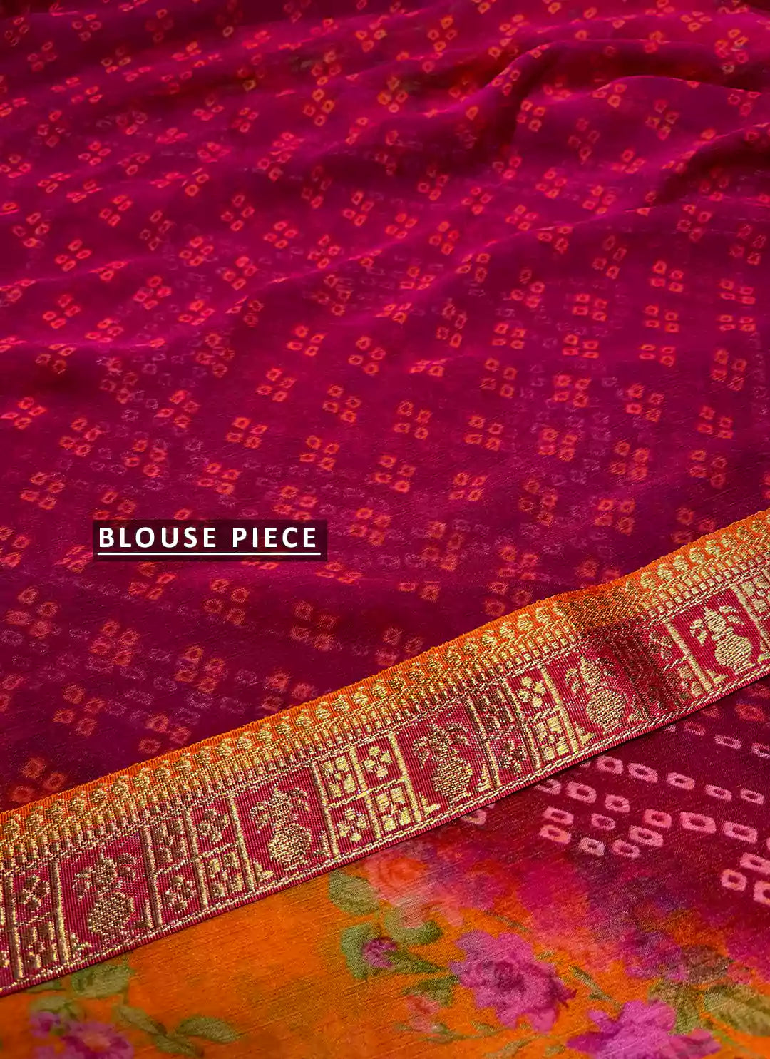 Bandhej With Floral Print Magenta & Orange Pure Georgette Saree - TREEVESTO