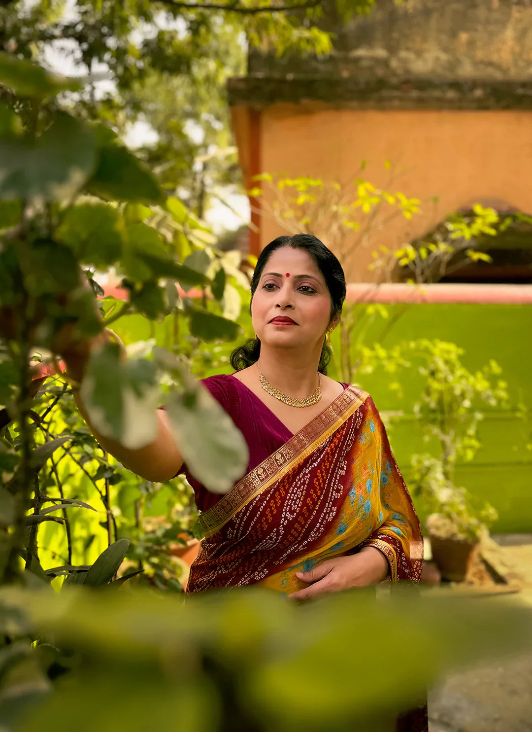 Bandhej With Floral Print Maroon & Yellow Pure Georgette Saree - TREEVESTO