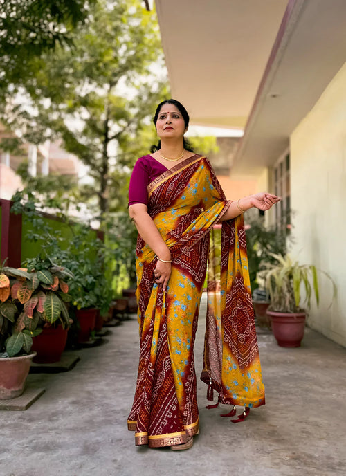 Bandhej With Floral Print Maroon & Yellow Pure Georgette Saree - TREEVESTO
