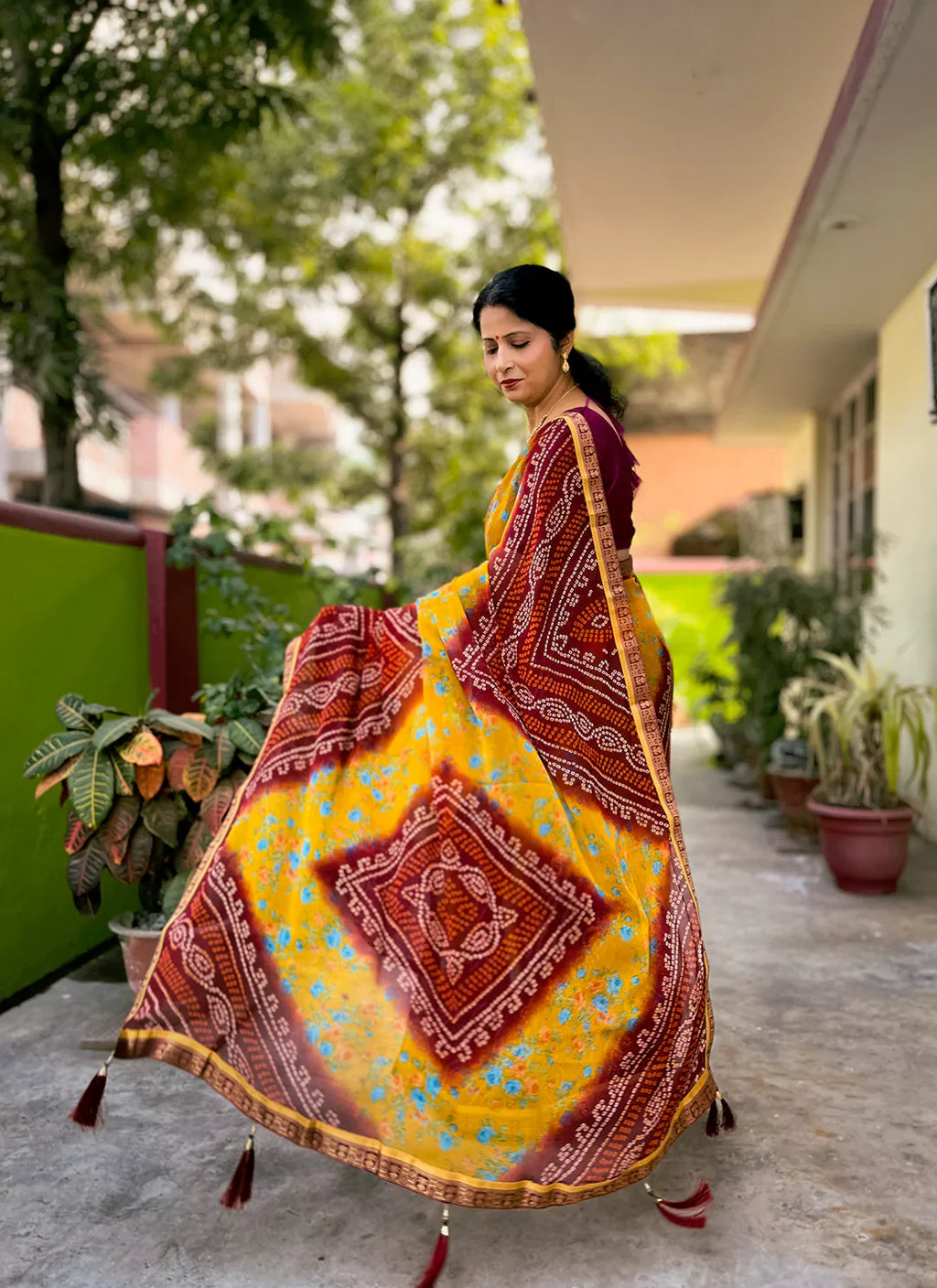 Bandhej With Floral Print Maroon & Yellow Pure Georgette Saree - TREEVESTO
