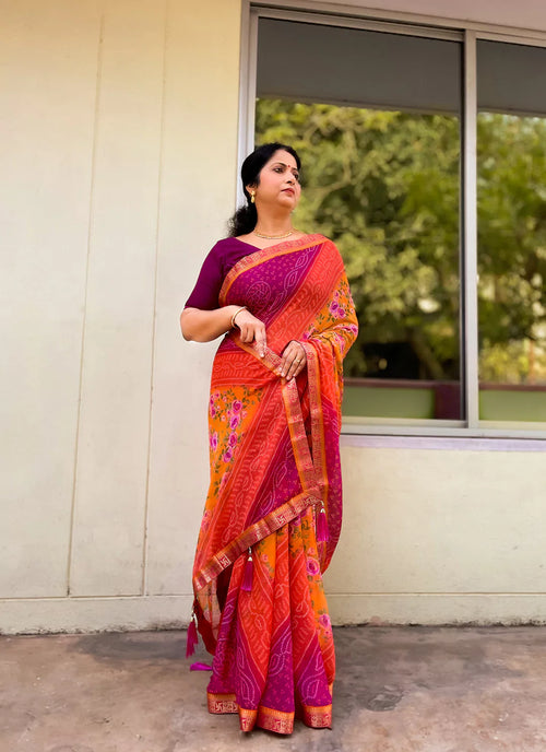 Bandhej With Floral Print Orange & Magenta Pure Georgette Saree - TREEVESTO