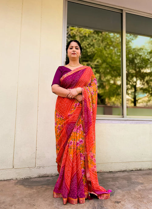 Bandhej With Floral Print Orange & Magenta Pure Georgette Saree - TREEVESTO