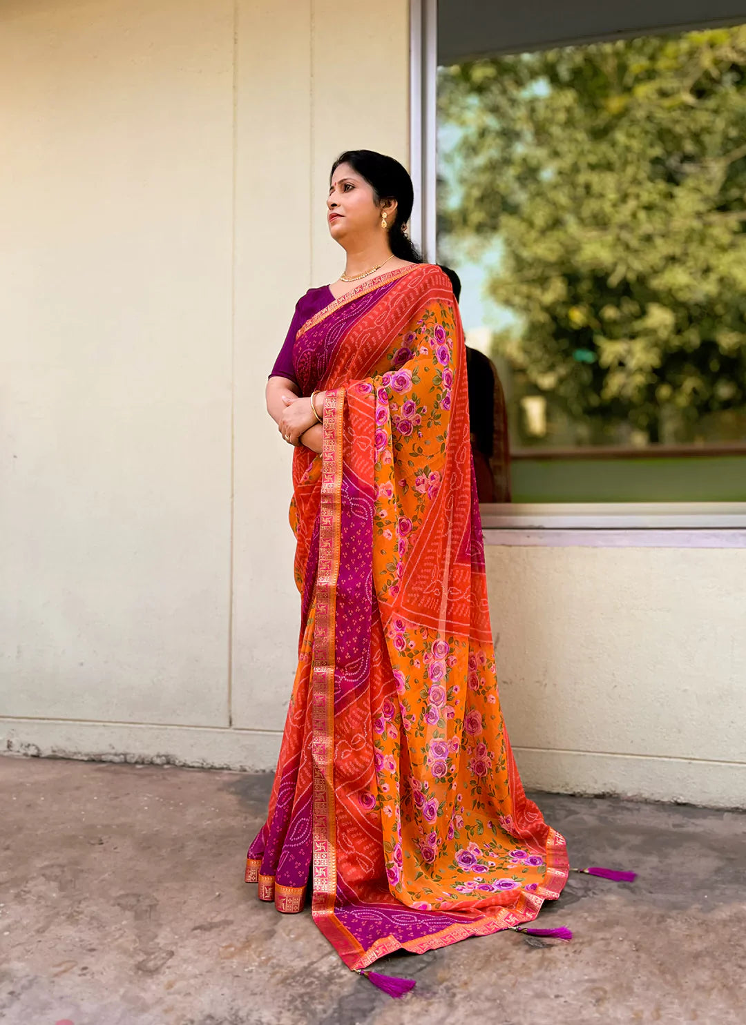 Bandhej With Floral Print Orange & Magenta Pure Georgette Saree - TREEVESTO