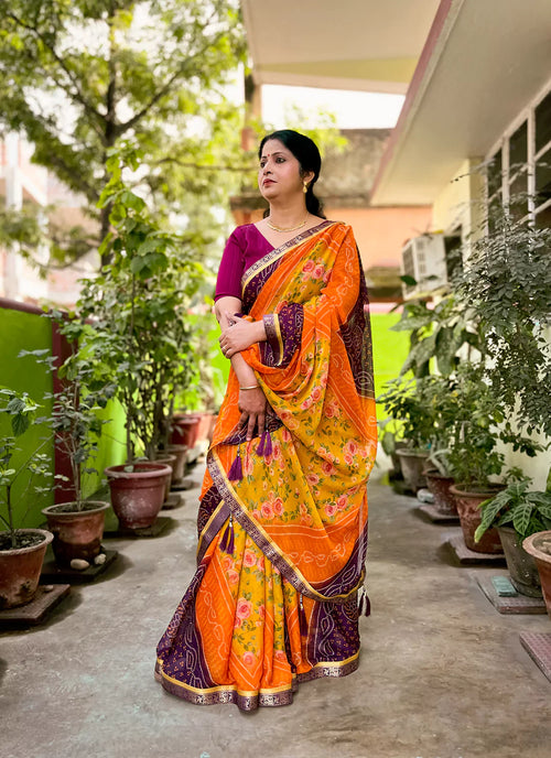 Bandhej With Floral Print Multicolor Pure Georgette Saree - TREEVESTO