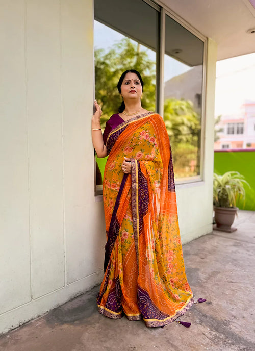Bandhej With Floral Print Multicolor Pure Georgette Saree - TREEVESTO