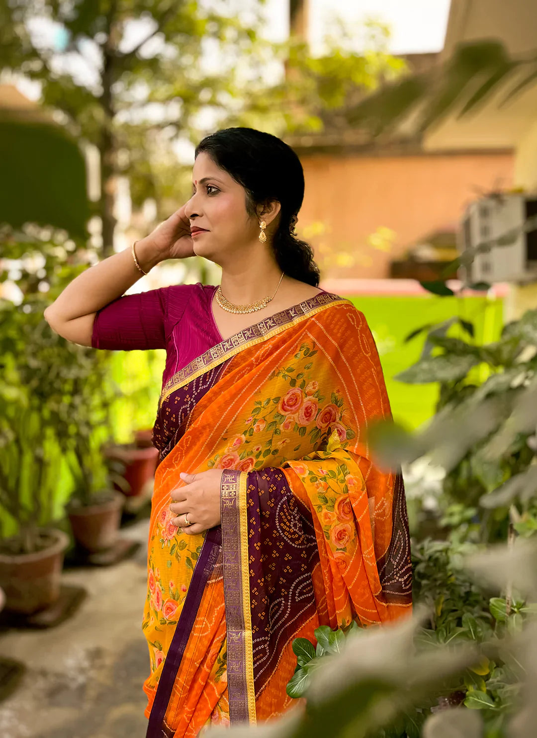 Bandhej With Floral Print Multicolor Pure Georgette Saree - TREEVESTO