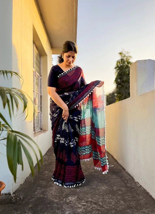 Batik Print Navy Blue Cotton Blend Saree With Pompoms treevesto