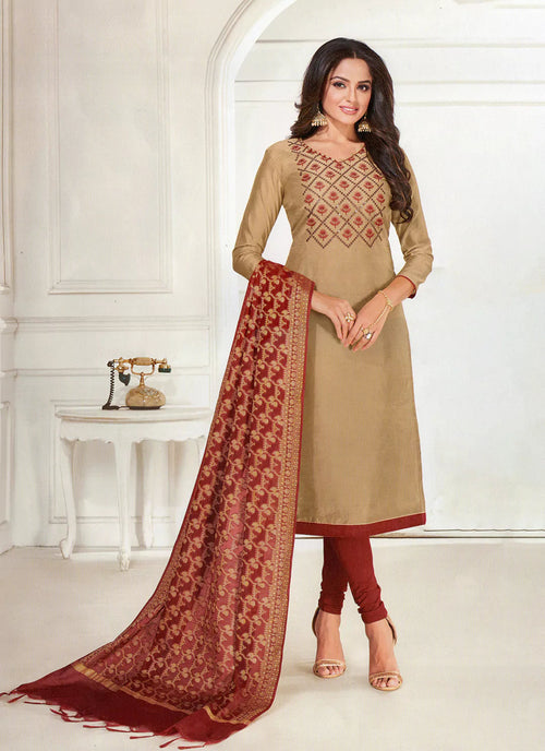 Beige Unstitched Chanderi Suit With Banarasi Cotton Dupatta treevesto