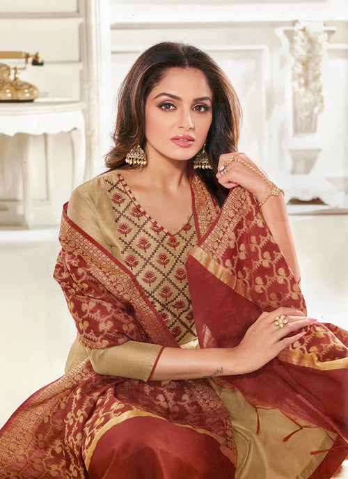 Beige Unstitched Chanderi Suit With Banarasi Cotton Dupatta treevesto