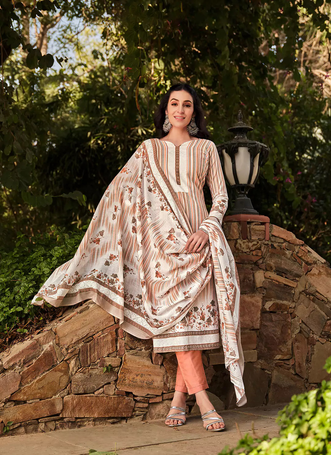 Printed Pure Cotton Beige Unstitched Suit With Mul Cotton Dupatta treevesto