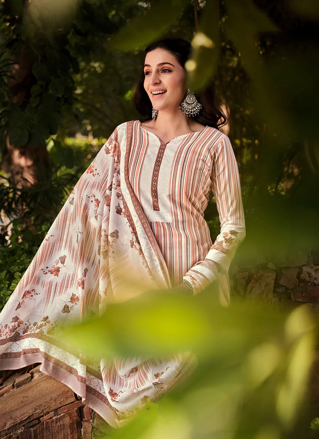 Printed Pure Cotton Beige Unstitched Suit With Mul Cotton Dupatta treevesto