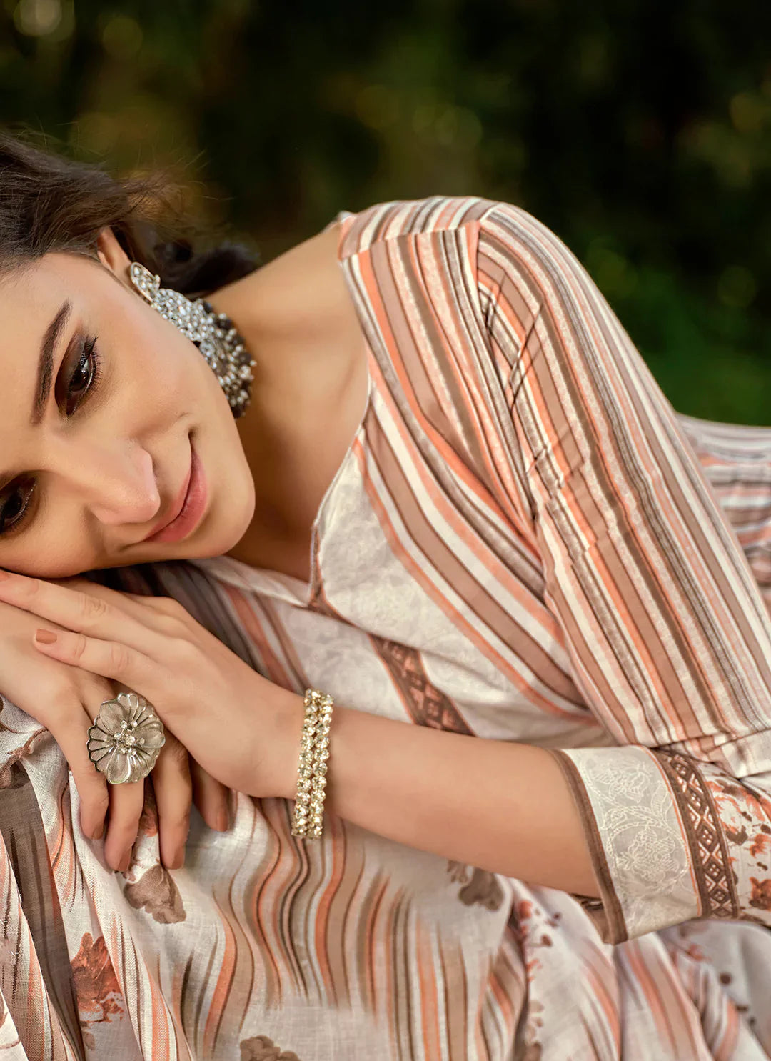 Printed Pure Cotton Beige Unstitched Suit With Mul Cotton Dupatta treevesto