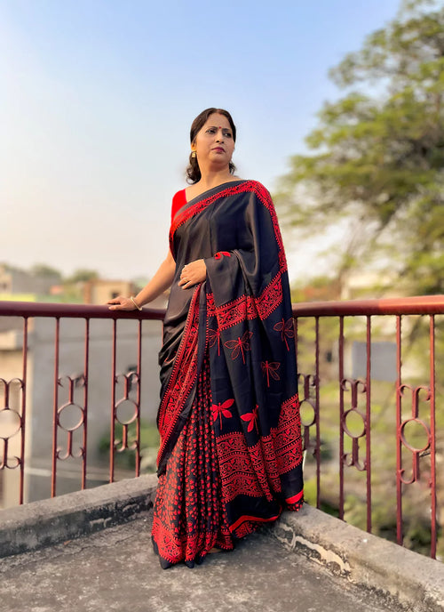 Black & Red Crepe Satin Saree - TREEVESTO