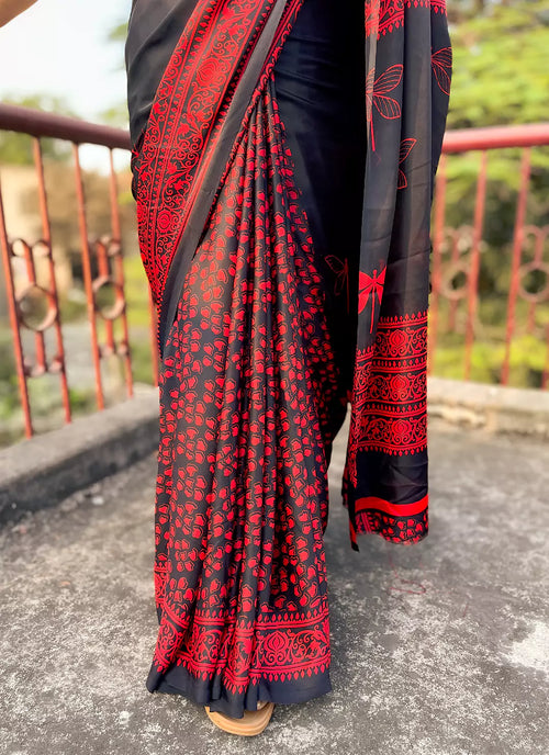 Black & Red Crepe Satin Saree - TREEVESTO