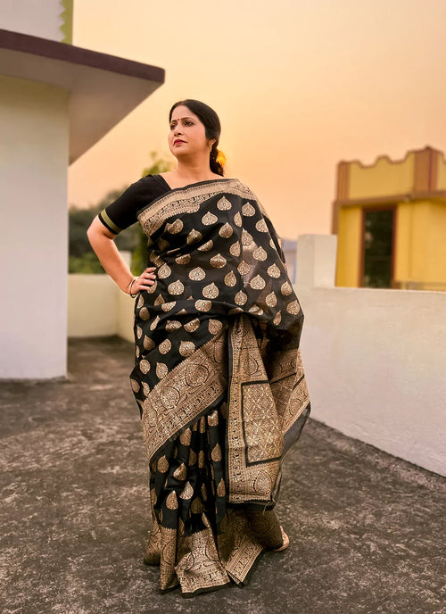 Black Banarasi Cotton Saree - TREEVESTO