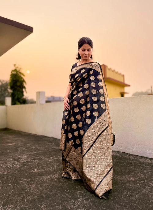 Black Banarasi Cotton Saree - TREEVESTO