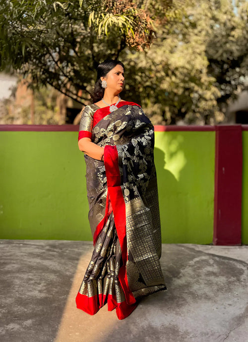 Black Banarasi Silk Saree With Antique Zari Work - TREEVESTO