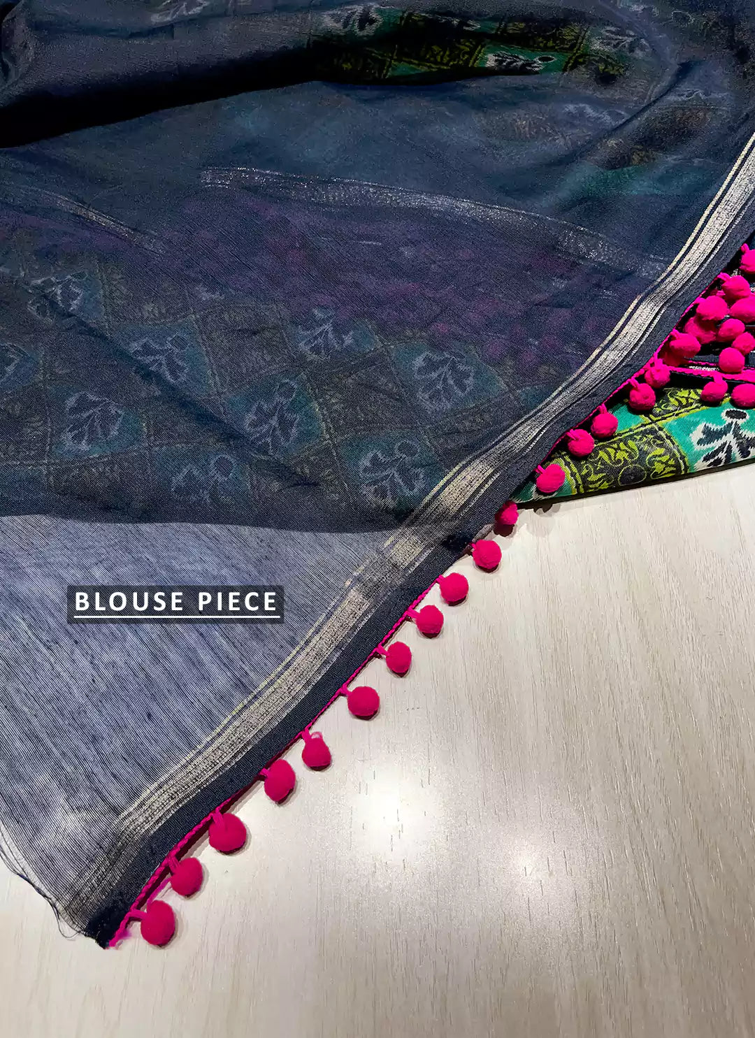 Printed Green Cotton Blend Saree With Pompoms - TREEVESTO
